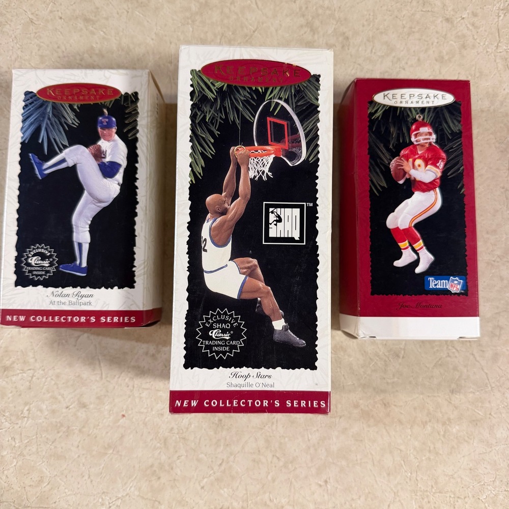 Hallmark Keepsake Sports Ornaments Shaq, Nolan Ryan, Joe Montana‎ (Lot of 3) 90s